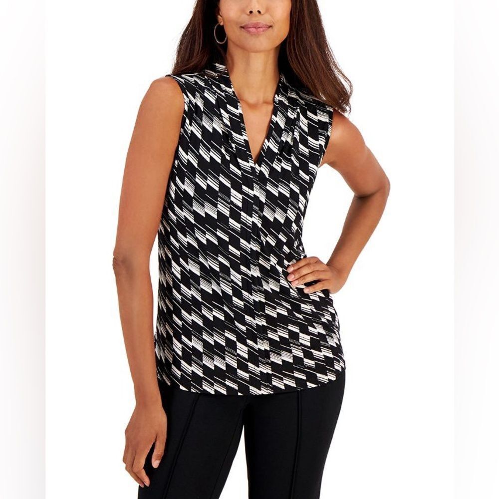 KASPER Women's Sleeveless Pleated V-Neck Top‎ black-and-white size XL NWT in pkg